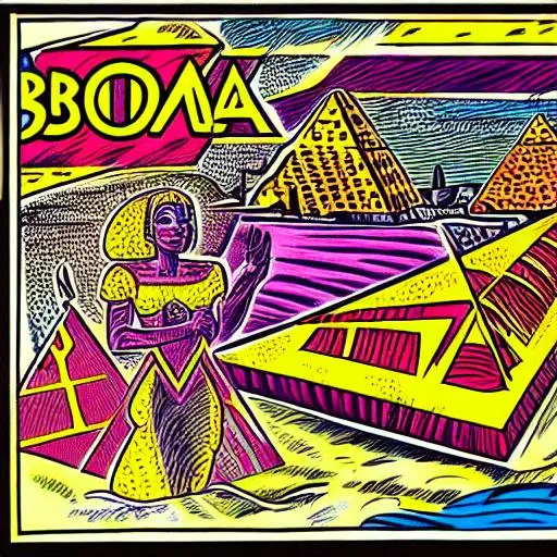 Prompt: Retro comic style artwork, highly detailed {object}, comic book cover, symmetrical, vibrant, Nubia, Sudan, pyramids, Meroe, Queen, Kandaka, army, Kandaka, Ancient 
