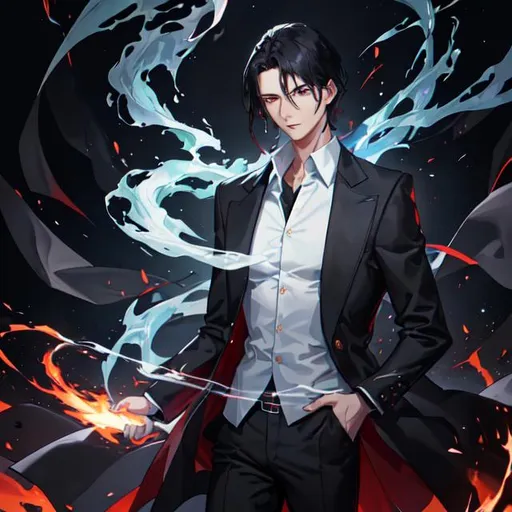 Prompt: full body shot shot of a young {man} right arm on fire, fire vfx surrounding his right forearm, blue fire vfx circling his right hand, smoke surrounding him, moderate length black hair, wearing dark brown trench jacket and white collared shirt with black pants and black boots, handsome face, detailed face, good face, opened eyes, head facing the viewer, looking at the viewer, high res, HDR, 8k, fantasy, medieval, steampunk, digital art, high quality, dark fantasy, stable image, high definition, best proportions, league of legends, sharp details, detailed picture, riot games, illustrated, anime, anime art, drawing, sketch, full body shot, popular art, stylized, artstation, by Alex Flores
