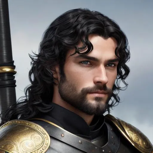 Prompt: Very Detailed Photo of a handsome young-adult human male warrior in a polished black breastplate, glossy black wavy hair and slight beard, very detailed indigo eyes, with a medieval black quarterstaff with a few gold rings around it in left hand, looking off center at camera, UHD, 8K, realism, correct