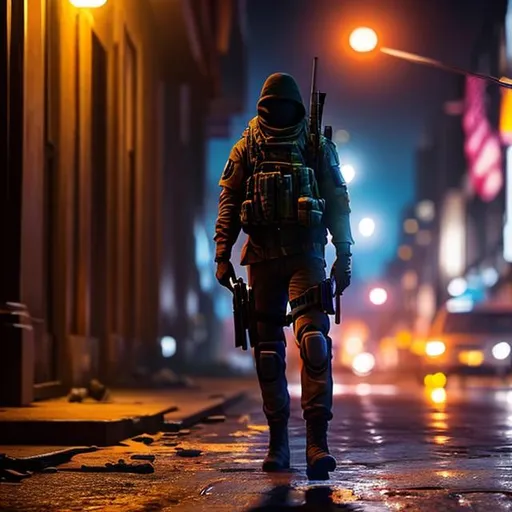 Prompt: Um homem soldado numa rua deserta de costas com uma arma na mão na chuva de noite, neon, unreal Engine, lights, cinematic epic, desertic, cenário apocalíptico, the division 2.