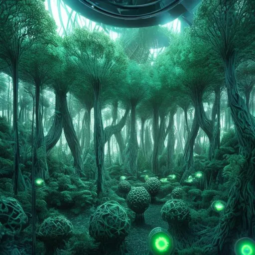 Prompt: Futuristic forest in a cosmic space in a meditative divine sacred seed of life connecting nature