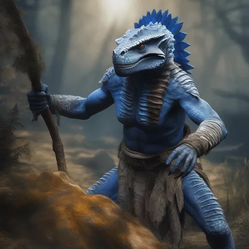 Prompt: perrealistic mixed media image of argonian blue elder scrolls, wearing shamanic primitive clothing, with rustic camouflage details, Hyperrealistic, sharp focus, Professional, UHD, HDR, 8K, Render, electronic, dramatic, vivid, pressure, stress, nervous vibe, loud, tension, traumatic, dark, cataclysmic, violent, fighting, Epic