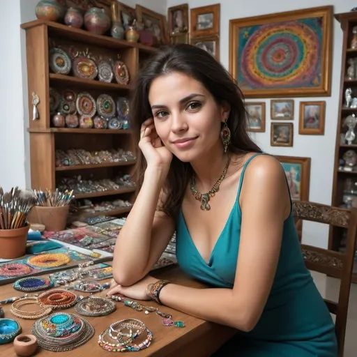 Prompt: imagen realista de una mujer que diseña bisuteria pero es exitosa, esta mujer es morena de ojos claros, se debe mostrarcon un atuendo de su trabajo artesanal, en su ambiente de trabajo, su ambiente de trabajo es su casa, esta mujer es madre, es un lugar divertido, colorido, en la sala de su casa, con paquetes listos para entregar sus productos, es una artesana que crea joyeria de fantasia y este mostrando algunas joyas creadas la mujer y el lugar es de origen colombiano, de 30 años de edad y esta mirando la camara

