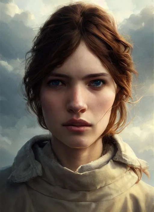 Prompt: Portrait of with brown hair and with, clouds background, perfect composition, hyperrealistic, super detailed, 8k, high quality, trending art, trending on artstation, sharp focus, studio photo, intricate details, highly detailed, by greg rutkowski
