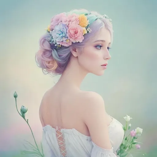 Prompt: Beautiful creation, woman with flowers in her hair, pastel colors