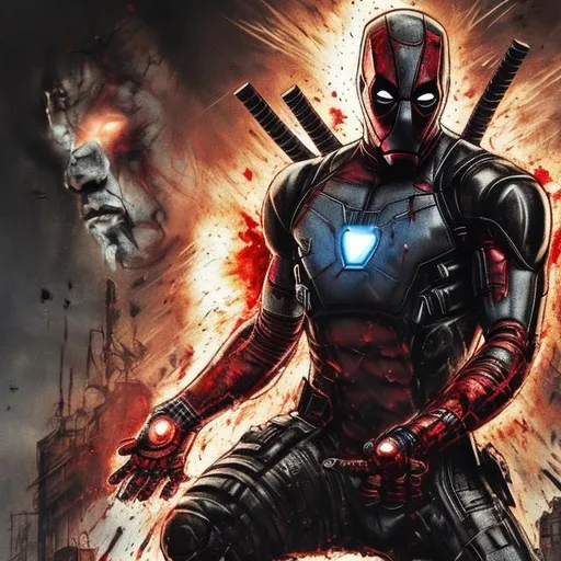 Prompt: Redesigned iron-man and Deadpool combined into one. dark gritty, mostly black with dark red. Bloody. Hurt. Damaged mask. Accurate. realistic. evil eyes. Slow exposure. Detailed. Dirty. Dark and gritty. Post-apocalyptic Neo Tokyo with fire and smoke .Futuristic. Shadows. Sinister. Armed. Fanatic. Intense. 