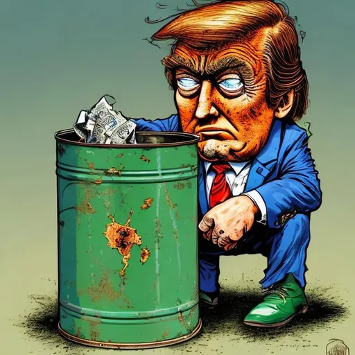 Prompt: dark-blue-suit-Trump-Caricature: Tattered one green dollar note sticking out of a rusty tin can of tattered beggar Trump's rusty tin can, too long red tie + tattered darkblue suit, Trump sitting on court steps, bright colored Sergio Aragonés MAD-magazine style