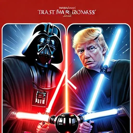 Prompt: star wars movie poster: Donald Trump vs. Obama. Donald Trump is a master Jedi with a blue lightsaber. Obama is a sith lord and is wearing a dark cloak