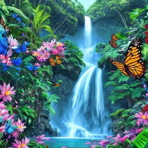 Prompt: Create an AI art piece showcasing a majestic waterfall cascading down with tremendous force, surrounded by lush flower-rich vegetation and colorful butterflies dancing in the meadow