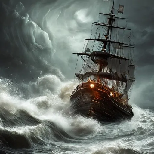 Prompt: pirate ship in rough seas during a hurricane