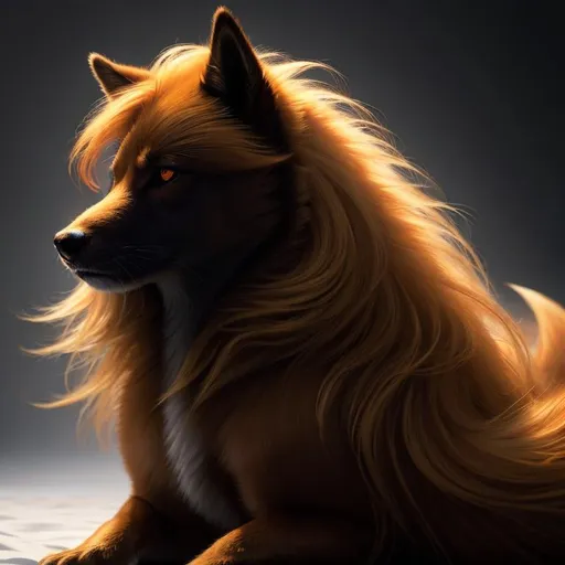 Prompt: 8k, 3D, UHD, masterpiece, epic oil painting, best quality, photograph, artstation, hyper realistic, perfect composition, zoomed out view of character, Portrait of a (beautiful Ninetales), {canine quadruped}, thick glistening gold fur, deep sinister {crimson eyes}, ageless, lives a thousand years, wearing a beautiful (silky scarlet and gold scarf), thick white mane with fluffy golden crest, golden fur lighlights, studio lighting, animated, sharp focus, intricately detailed fur, sharp detailed eyes, beautifully detailed face, highly detailed starry sky with pastel pink clouds, ambient golden light, nine beautiful tails with pale orange tips, insanely beautiful, symmetric, sharp focus, professional, unreal engine, high octane render, highly detailed mouth, Yuino Chiri