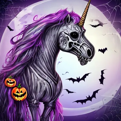 Prompt: create a unicorn skeleton in a Halloween background