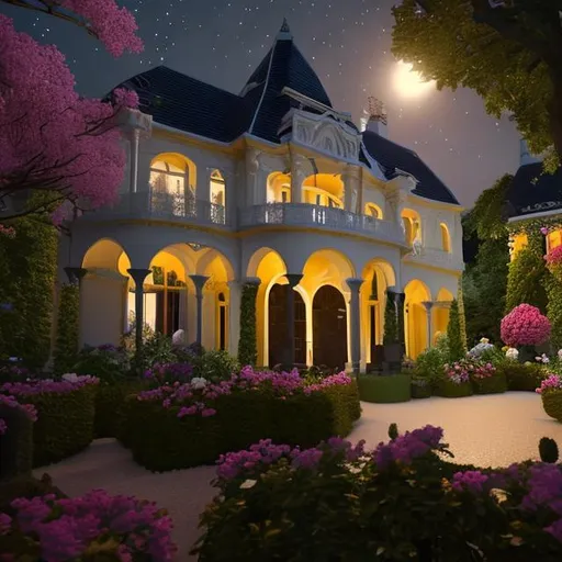 Prompt: Draw me a scene of a garden at night outside a grand house.
4k resolution, widescreen