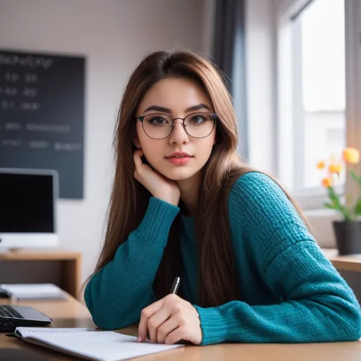 Prompt: Girl’s dorm room, shy lonely self conscious 18-year-old girl, atmosphere of sadness, in skirt and sweater, taking selfie while sitting at desk.  Cute and slim with glasses. Detailed face and expression, atmosphere of feeling alone