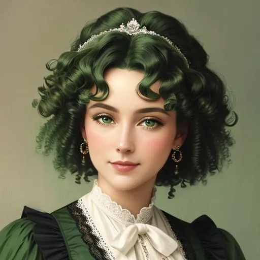 19th century lady all in green, curly hair, facial c... | OpenArt