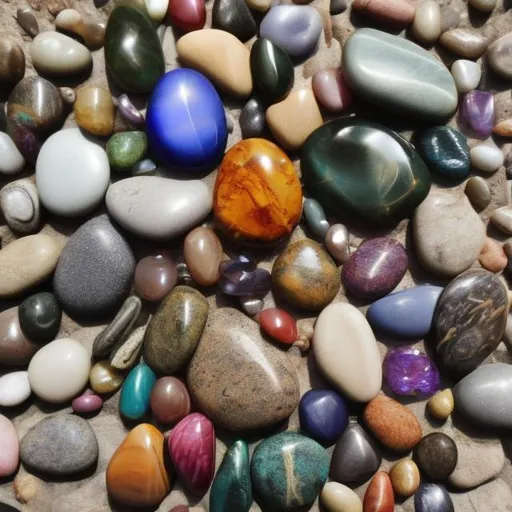Prompt: A man expresses joy of his life with pebbles, stones, and gems