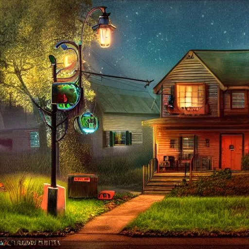 Prompt: Suburban neighborhood, nighttime, Dr. Seuss character, hyperrealism, filmic, video game style, Todd Hideo, HDR, 8K, atmospheric lighting, Americana, rural setting