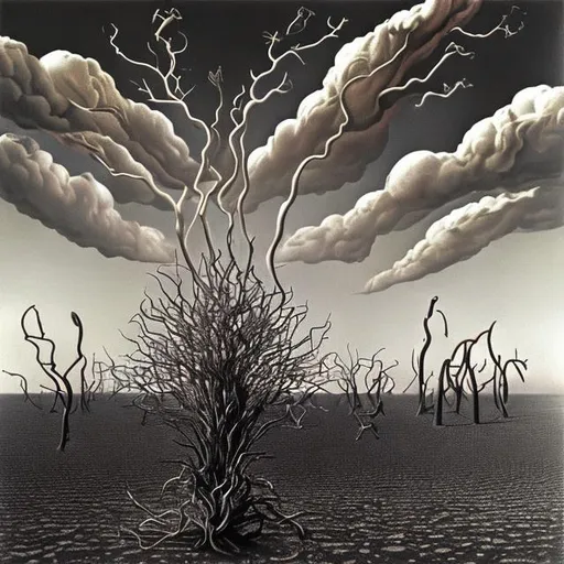 Prompt: Fire. Burning bush. Very very thin, skinny slim, tall giraffe standing on a very thin metal red chair on a desert. Dark night. Pale silver full moon. Clouds, lightning. Scary.  Fire. Flames. Smoke. Surrealism. Salvador Dalí style.