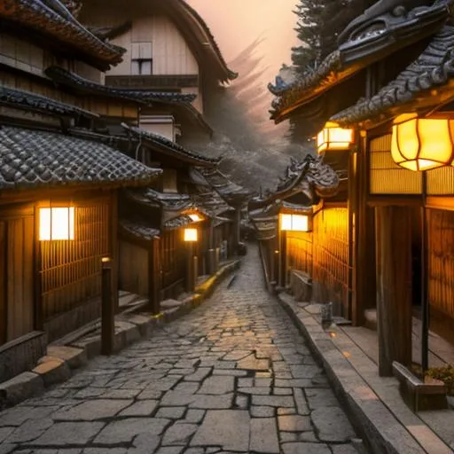 Prompt: old Japanese village in the mountains during a dark and moody night, a knight with hiny golden armor standing in the middle of a street, old Japanese houses at each side of the street, soft red light, Photo Realism, Unreal Engine 5, realistic CGI, SFX, Digitally Enhanced, Super-Resolution, Cinematic lighting, 9:16, 4k, 8k, ultra detailed