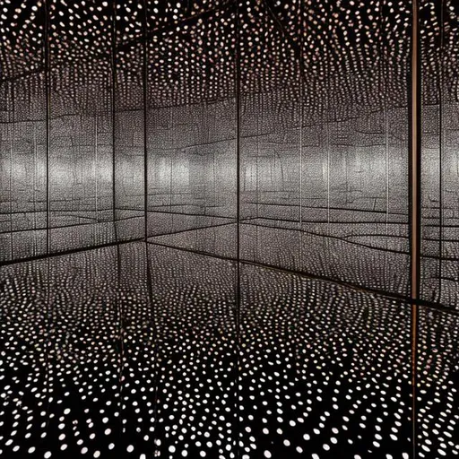 Prompt: view from center of Yayoi Kusama’s Infinity Mirror Room with silver lighting