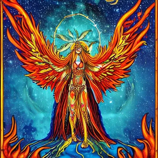 Prompt: fiery blond phoenix shaman standing at the oracle gate, starry sky sunset moon, sacred datura moth made of starlight