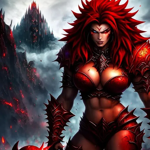 Prompt: short blood crimson hair, full body visible, awe-inspiring evil goddess, muscles, beautiful androgynous face, elegant yet ferocious, proportional, glowing eyes, monstrous hellscape background, photorealistic