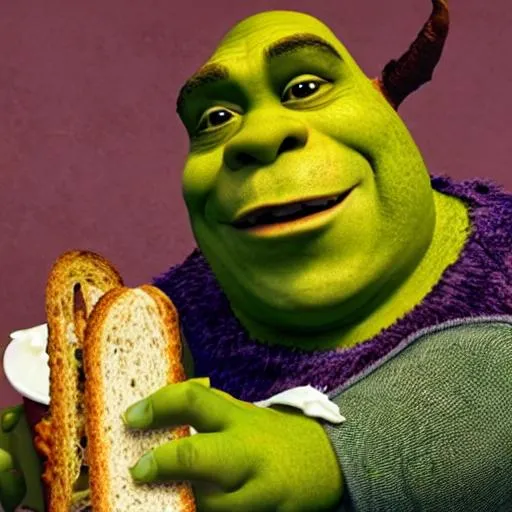 Prompt: Shrek eating a sandwich