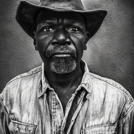 Prompt: black male, John Davis is a rugged and weathered farmer, with broad shoulders and calloused hands. He wears work boots, denim overalls, and a wide-brimmed hat to protect himself from the sun. His face is etched with lines from years of hard work, and his eyes are sharp and focused., ultra resolution, cyberpunk lights, Hyper Detail, 8K, HD, Octane Rendering, Unreal Engine, V-Ray, full hd -- s5000 --uplight --q 3 --stop 80--w 0.5 --ar 1:3