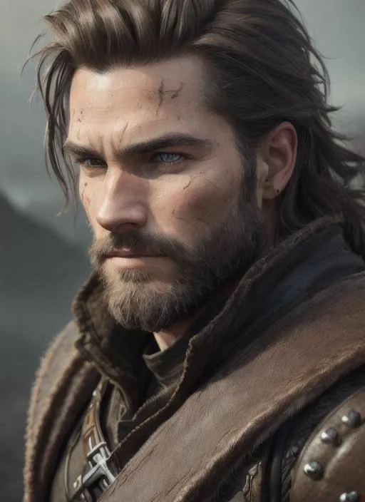 Prompt: portrait of a male human ranger with brown and black viking hair and a rugged face with scars and wearing leather armor, perfect composition, hyperrealistic, super detailed, 8k, high quality, trending art, trending on artstation, sharp focus, studio photo, intricate details, highly detailed, by greg rutkowski