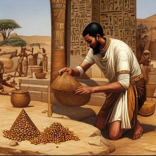 Prompt: draw me a photo of  a  ancient Egyptian  making rekhmire's tiger nut cones