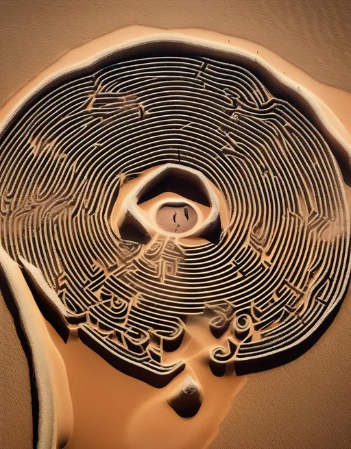 Prompt: A stunning minimalist land art image of a spiraling rock labyrinth outline in the desert, shot from above with the winding path leading toward the towering mountains. 