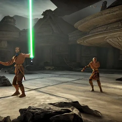 Prompt: jedi fighting inside a temple on an alien planet, realistic, cinematic lighting