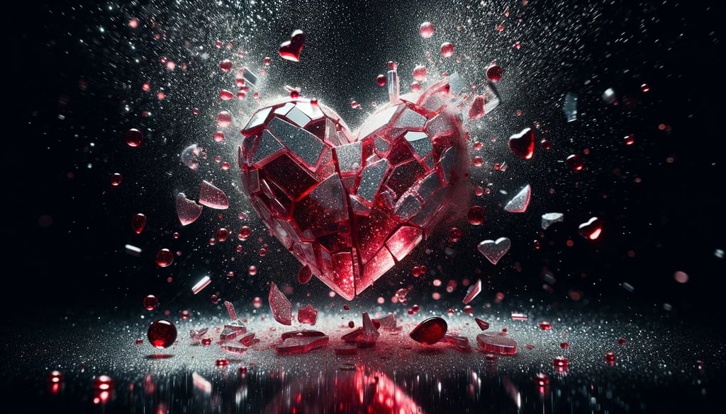 Prompt: Multi exposure of a transparent red glass heart filled with silver glitter falling and hitting a black mirror surface and breaking to pieces in wide ratio
