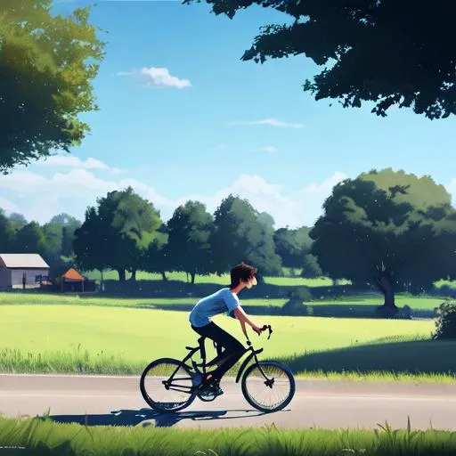 Prompt: Sideview 12 year old young Boy lightbrown hair wearing a white tanktop and dark gray darkblue worn baggy hoodie black jeans lightbrown shoes riding his bicycle rural area, house, trees in background two magpies, art, concept art, artstation, cinematic composition, dynamic angle,  close up face side midday beautiful nature colors blue sky