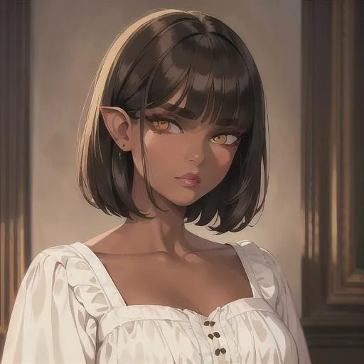 Prompt: (masterpiece, illustration, best quality:1.2), wearing a white silky nightgown, brown skin, mad face, detailed eyes, medieval style, short straight hairstyle, black hair, devilish like yellow eyes, black eyelashes, best quality face, best quality, best quality skin, best quality eyes, best quality lips, ultra-detailed eyes, ultra-detailed hair, ultra-detailed, illustration, colorful, soft glow, 1 girl