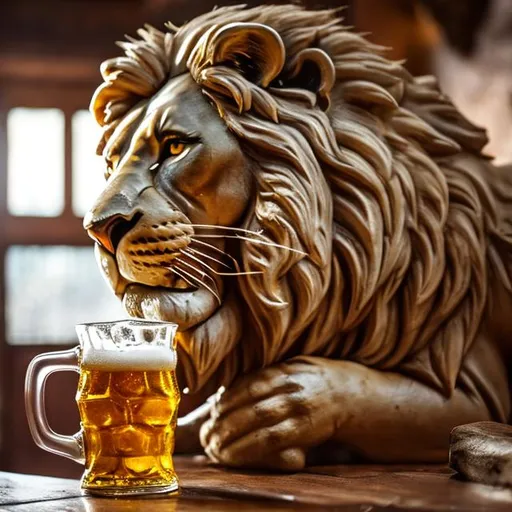 Prompt: closeup of lion drinking a stein of beer