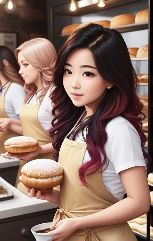 Prompt: ombre hair, busy time a the bakery, baking, 2 girls, apron, mole under eye, mole on body, indoors, ((full body)) {{good looking}} {{cute}} {{good body}} {{tight}}, symmetrically colored hair, {{shadows}},
