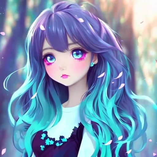 Prompt: kawaii anime beautiful girl, long black shimmering hair, facing forward, turquoise eyes, full lips
