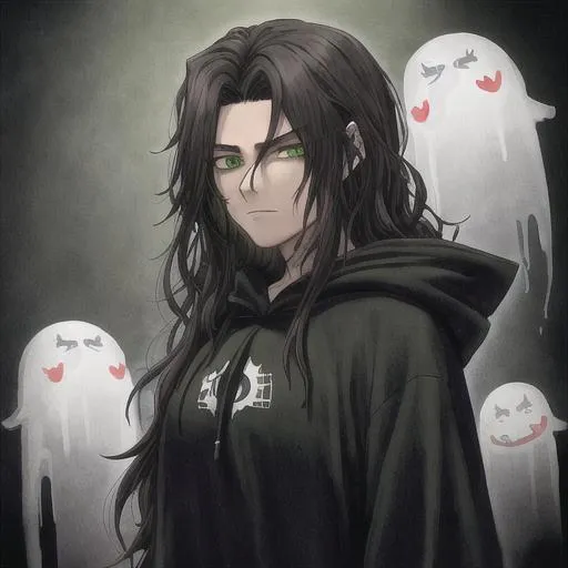 Prompt: draw a 30 year old, in a black hoodie, with long dark brown hair, and green eyes, gothic punk themed, in anime style, in a haunted house, ghost, apparition, yokai 