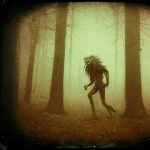 Prompt: eerie humanoid creature roaming a eerie wonderland, grainy polaroid, early technicolour image, photorealistic, Blurry, running at you, in the dark, in the fog