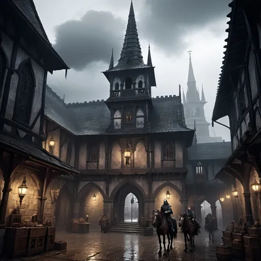 Prompt: Warhammer fantasy RPG style town hall in the middle of a square, medieval architecture, towering spires, weathered stone walls, intricate gothic details, bustling marketplace, high resolution, detailed, dark fantasy, atmospheric lighting, foggy ambiance, gothic, medieval, detailed stonework, bustling, mysterious, ominous lighting, rider on a horse, dark blue tones, rainy, heavy rain, temple