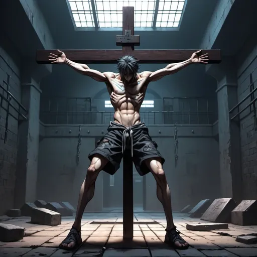 Prompt: Anime cyberpunk style, man tied to a cross with arms spread out and legs in centre in prison courtyard  outside dull, highly detailed, HD, dark background