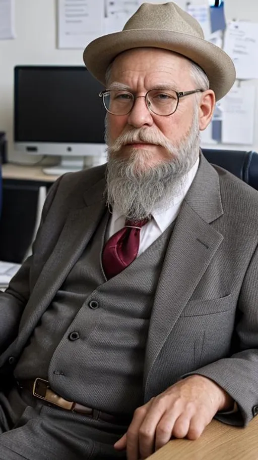 Prompt: Old men in the office sitting, wearing a nice elegant suit and glasses, has a nice white Beard, and nice hat 