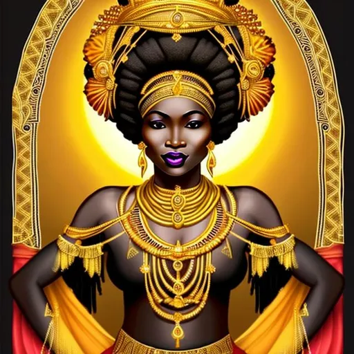 Prompt: Beautiful black goddess wearing traditional African royalty clothes, she is a sun goddess and very regal. Laden with gold and jewels. She eminates a golden aura