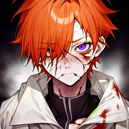 Prompt: Erikku male adult (short ginger hair, freckles, right eye blue left eye purple) UHD, 8K, Highly detailed, insane detail, best quality, high quality, anime style, covered in blood, covered in cuts, scars, badly wounded, in pain, 