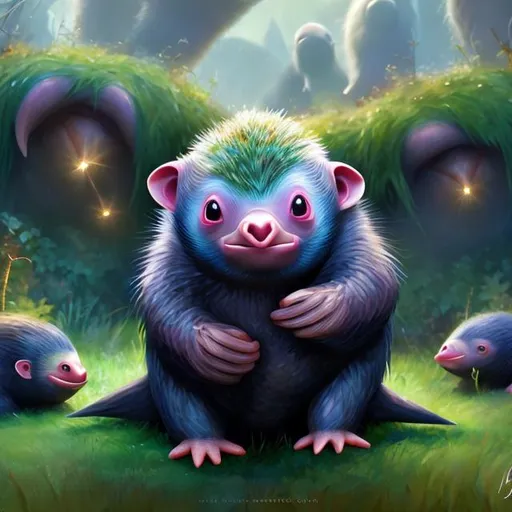 Prompt: Niffler in a field, digital painting, lush greenery, magical atmosphere, high quality, detailed fur, whimsical, vibrant colors, magical lighting