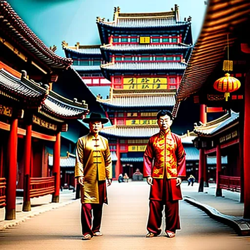 Prompt: An Asian wearing a necktie with traditional Chinese garb, the person is wearing a mix of Old West and East Asian attire, the person is wearing a ten-gallon, the person is surrounded by domed buildings and East Asian huts, landscape, realistic, photograph