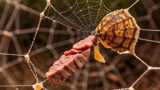 Prompt: A terrifying cheesy meat spider ensnaring a candy moth in a web of string cheese