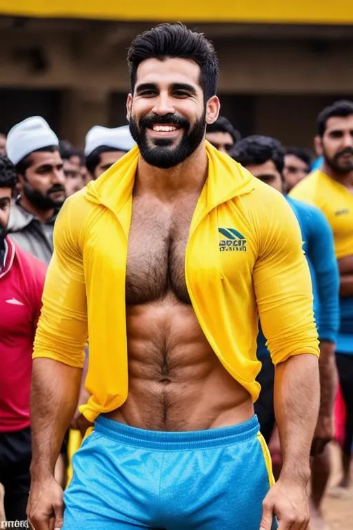 Prompt: " two hypermasculine handsome" a a haryana "rugged hairy" handsome "laughing" goodlooking boy, wearing yellow "sportswear" is "showering", at the crowded field haryana" . People in the crowd are hypnotised at the man. arena, perfect composition, hyperrealistic, super detailed, 8k, high quality, trending art, trending on artstation, sharp focus, studio photo, intricate details, highly detailed, by greg rutkowski