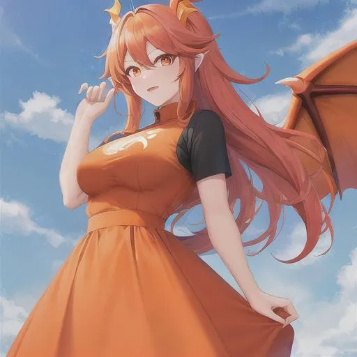 Prompt: A Dragonoid / human women 
with an orange shirt and a white skirt with orange dragon wings and  orange dragon horn  